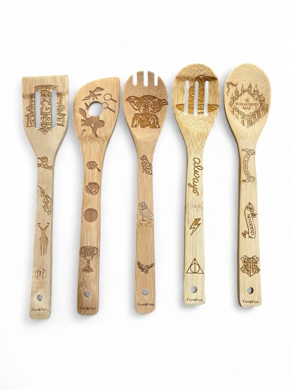 Harry Potter Wooden Spoon Set 5 Pc - Dobby Marauders Map Bamboo Spoons Utensils